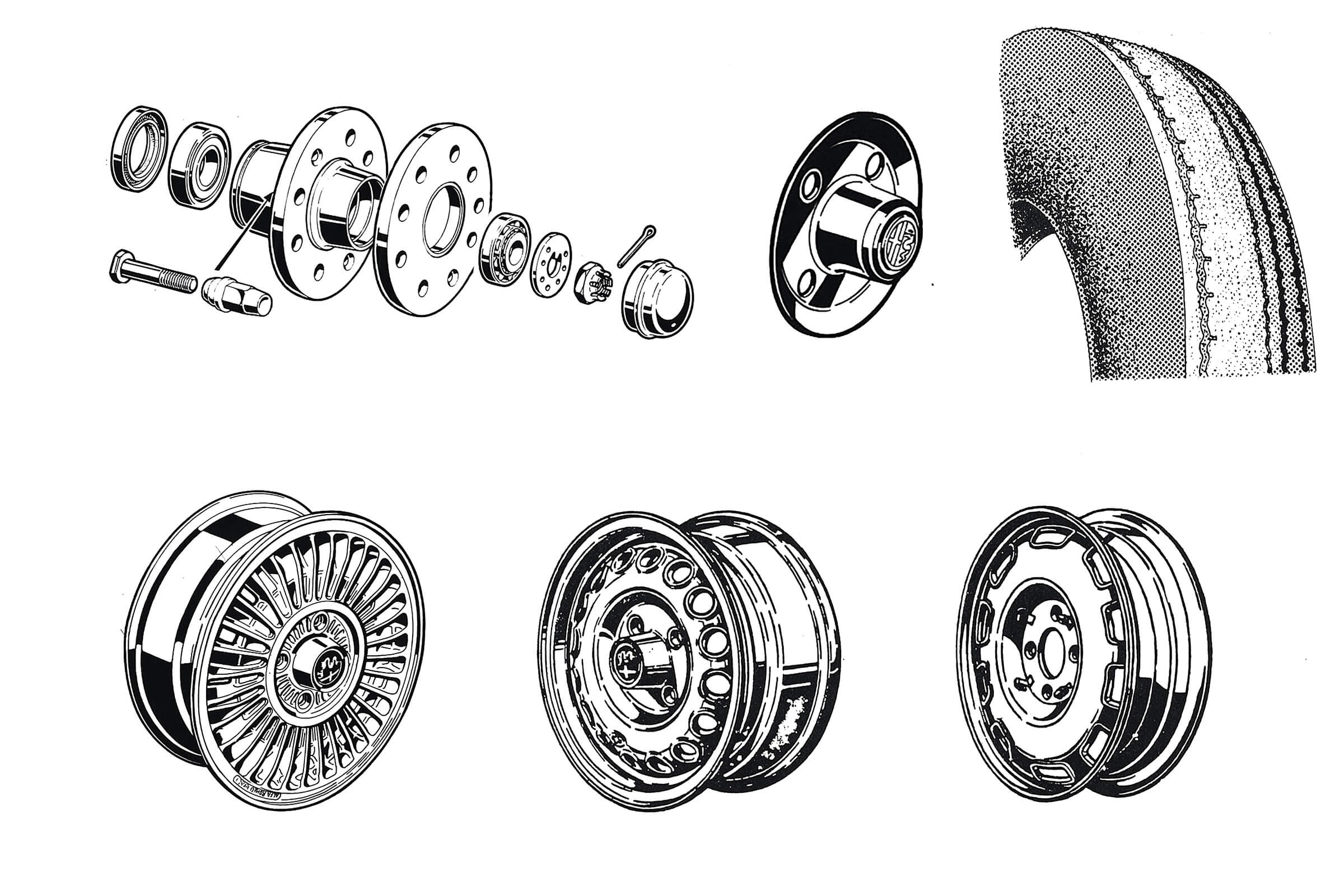 Wheels, Hubs & Hubcaps | Mechanical | 105/115 Series (Shared Parts) | Alfa Romeo Parts Diagram | Alfaholics